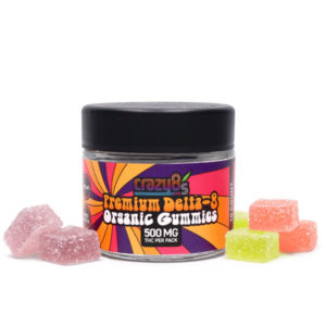 A jar labeled as containing 500mg Delta-8 THC infused gummies, pictured with several loose gummy candies in pink, orange, yellow and green colors.