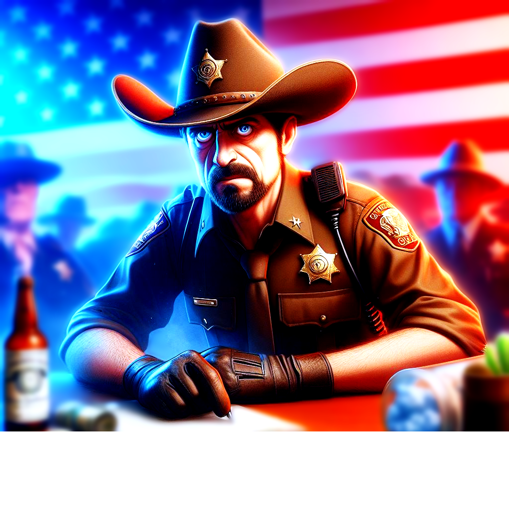 A digitally illustrated image of a person in a sheriff uniform with their face obscured, sitting in front of an American flag backdrop.