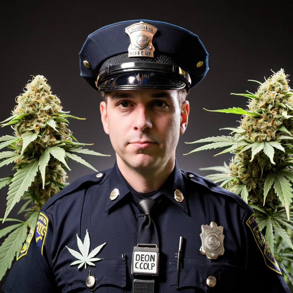 Police officer standing near cannabis plants.